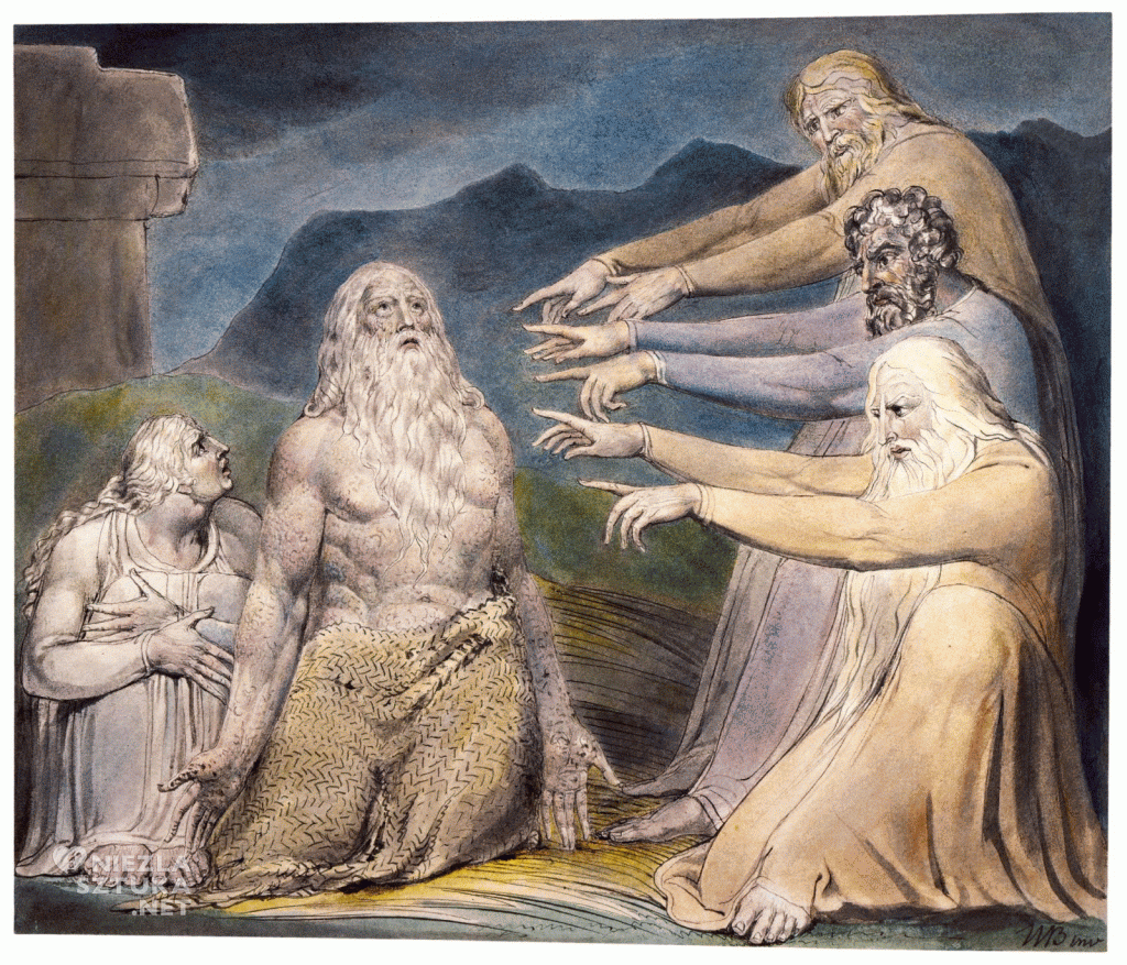 William Blake Hiob wyszydzany przez przyjaciół (Job Rebuked By His Frends). Akwarela inspirowana Księgą Hioba. Jedno z ponad 70 wykonanych różnymi technikami dzieł artysty poświęconych postaci Hioba | między 1805-1810, fot. The Morgan Library and Museum