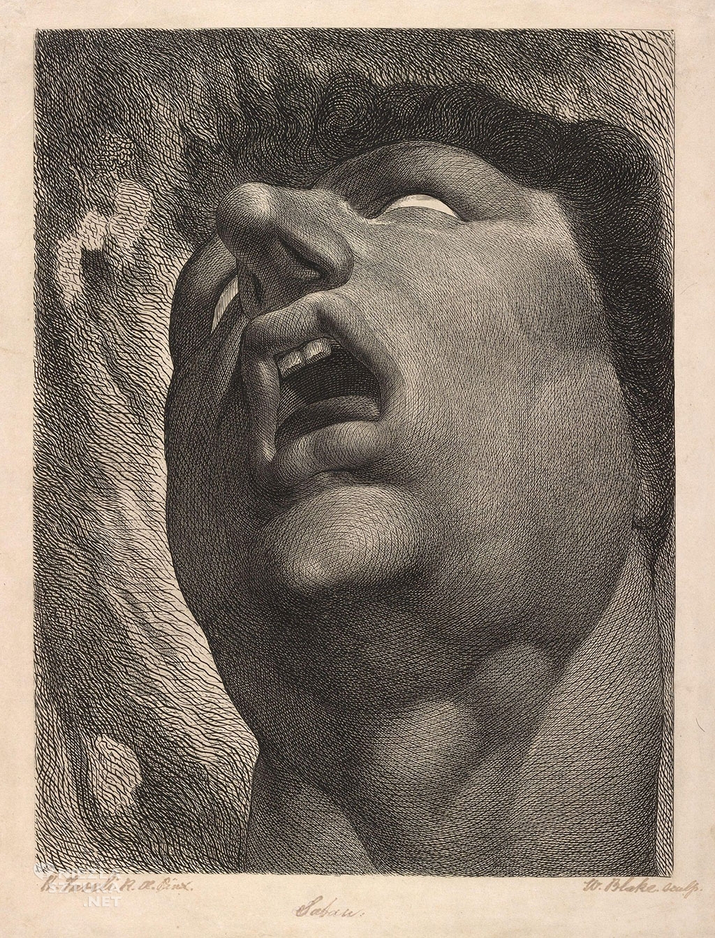 William Blake <em>Szatan (Głowa potępionej duszy z „Piekła” Dantego)</em> | 1790, grafika wg rysunku Henry'ego Fuseli, The Morgan Library and Museum