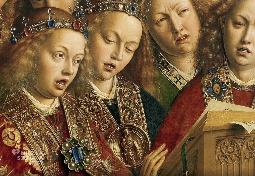 Muzykujące anioły // Hubert i Jana van Eyck <em>Ołtarz Gandawski</em>, poliptyk tablicowy, 350 × 500 cm, Katedra Świętego Bawona, Gandawa