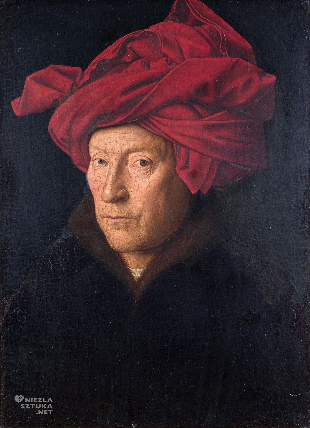 Jan van Eyck <em>Portret mężczyzny w czerwonym turbanie (Autoportret?)</em>, 1433, 26 x 19 cm, National Gallery w Londynie