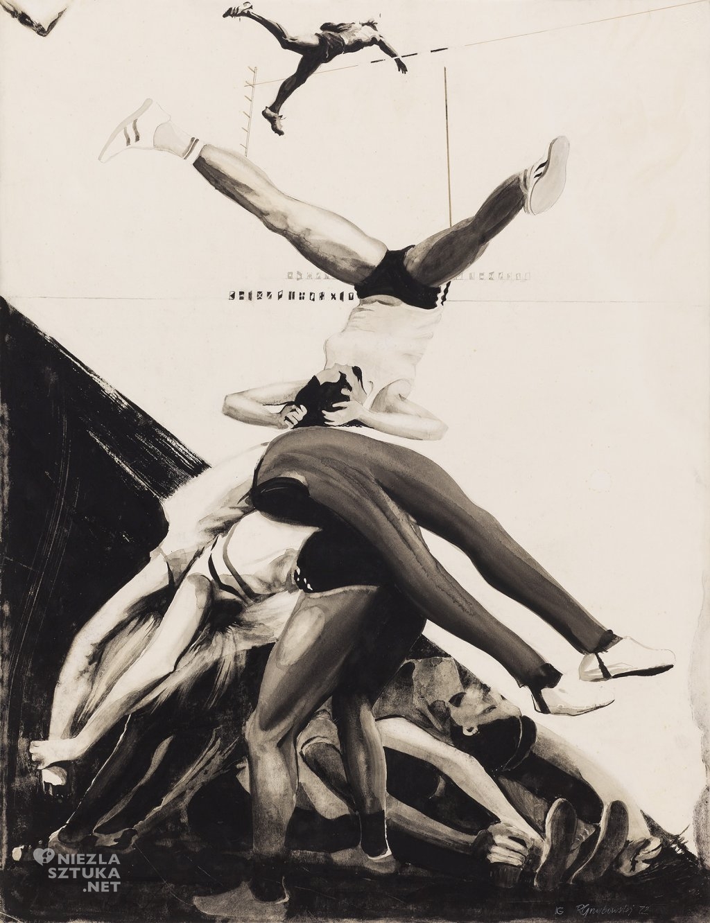 Trening I | 1972, tempera, węgiel, tusz, papier 64,5x49,5, własność Miejskiej Galerii Sztuki w Łodzi 