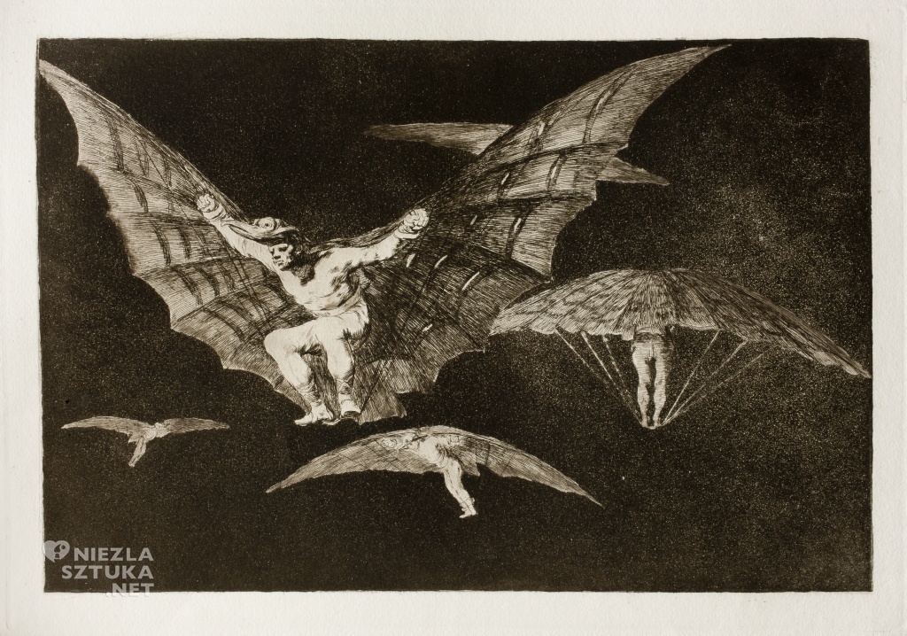 Francisco Goya, Sposób na latanie, grafika nr. 13 z cyklu Szaleństwa, sztuka hiszpańska, Niezła Sztuka