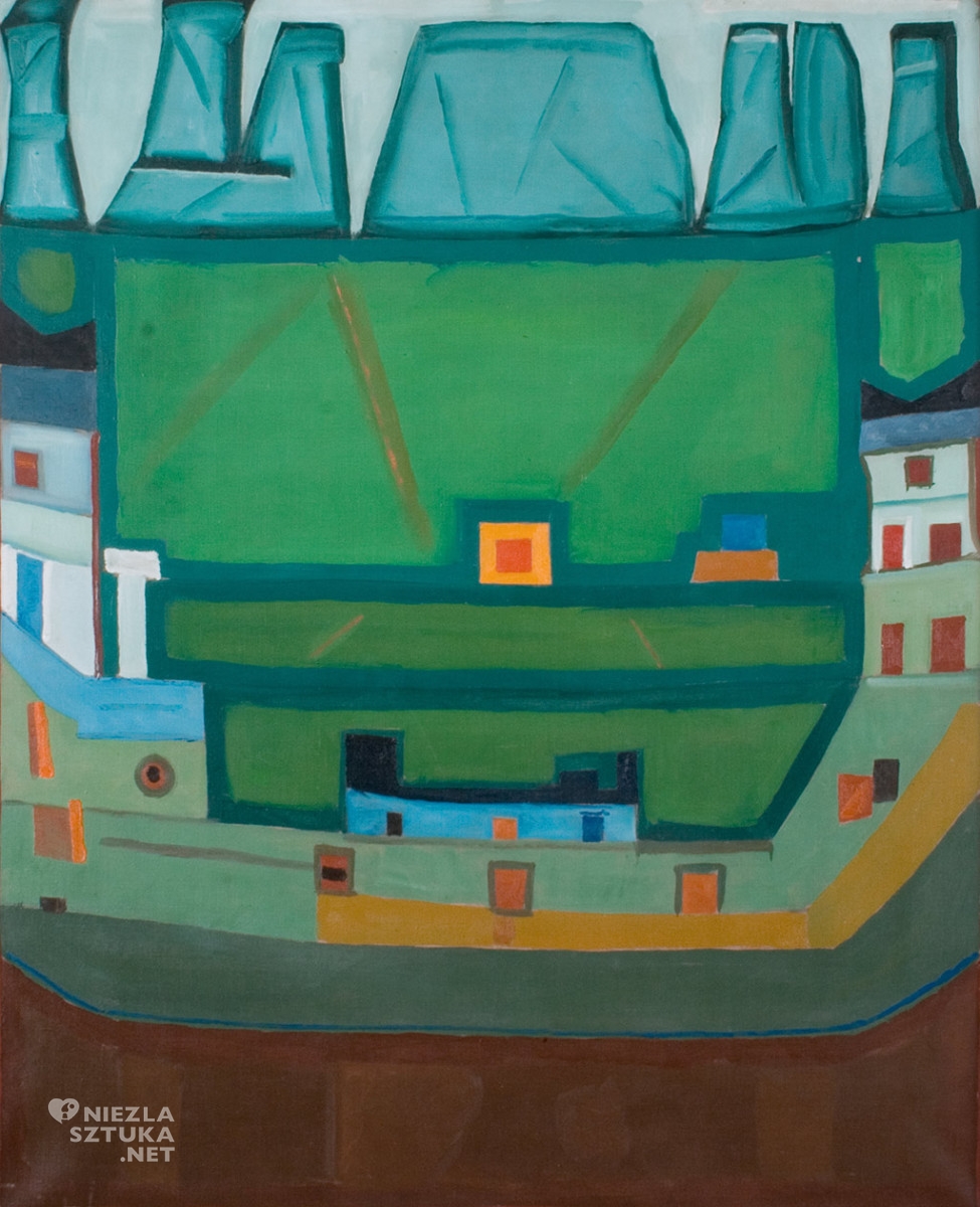 Jerzy Nowosielski, Miasto u stóp gór, Pejzaż, sztuka polska, malarstwo polskie, niezła sztuka