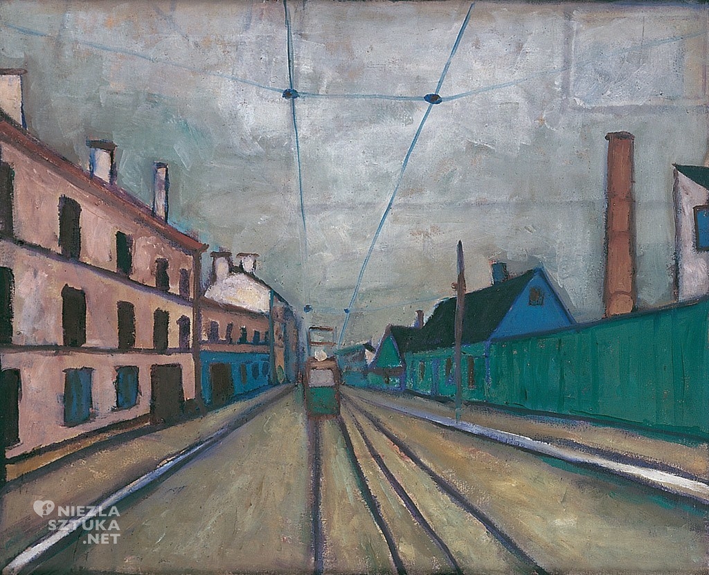 Jerzy Nowosielski, Pejzaż łódzki, Galeria Starmach, Łódź, krajobraz, tramwaj, malarstwo polskie, sztuka polska, niezła sztuka