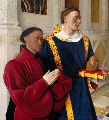 Jean Fouquet, Dyptyk z Melun, Étienne Chevalier ze św. Stefanem (lewy panel) | ok. 1450, olej na desce, 93 cm x 85 cm, Gemäldegalerie, Berlin
