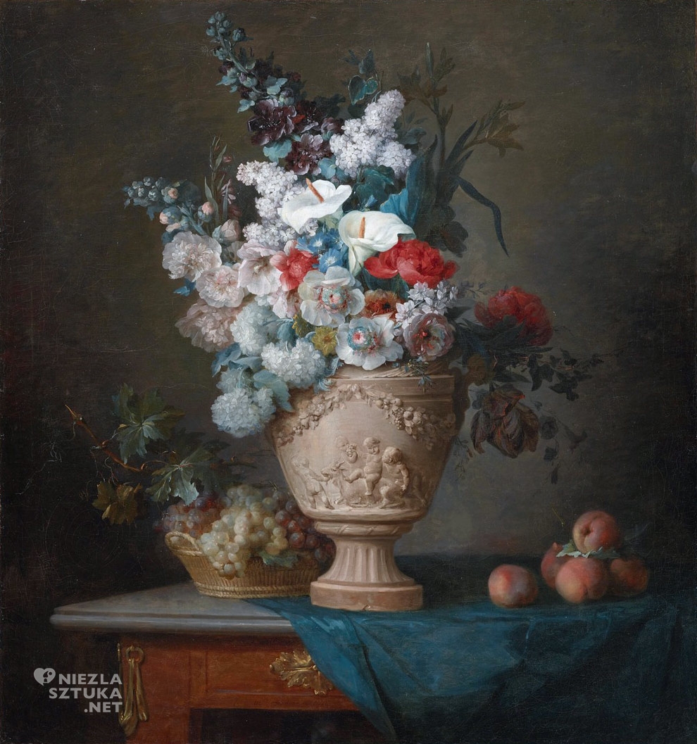 Anne Vallayer-Coster, Bukiet kwiatów z brzoskwiniami i winogronem, sztuka francuska, kobiety w sztuce, Niezła Sztuka