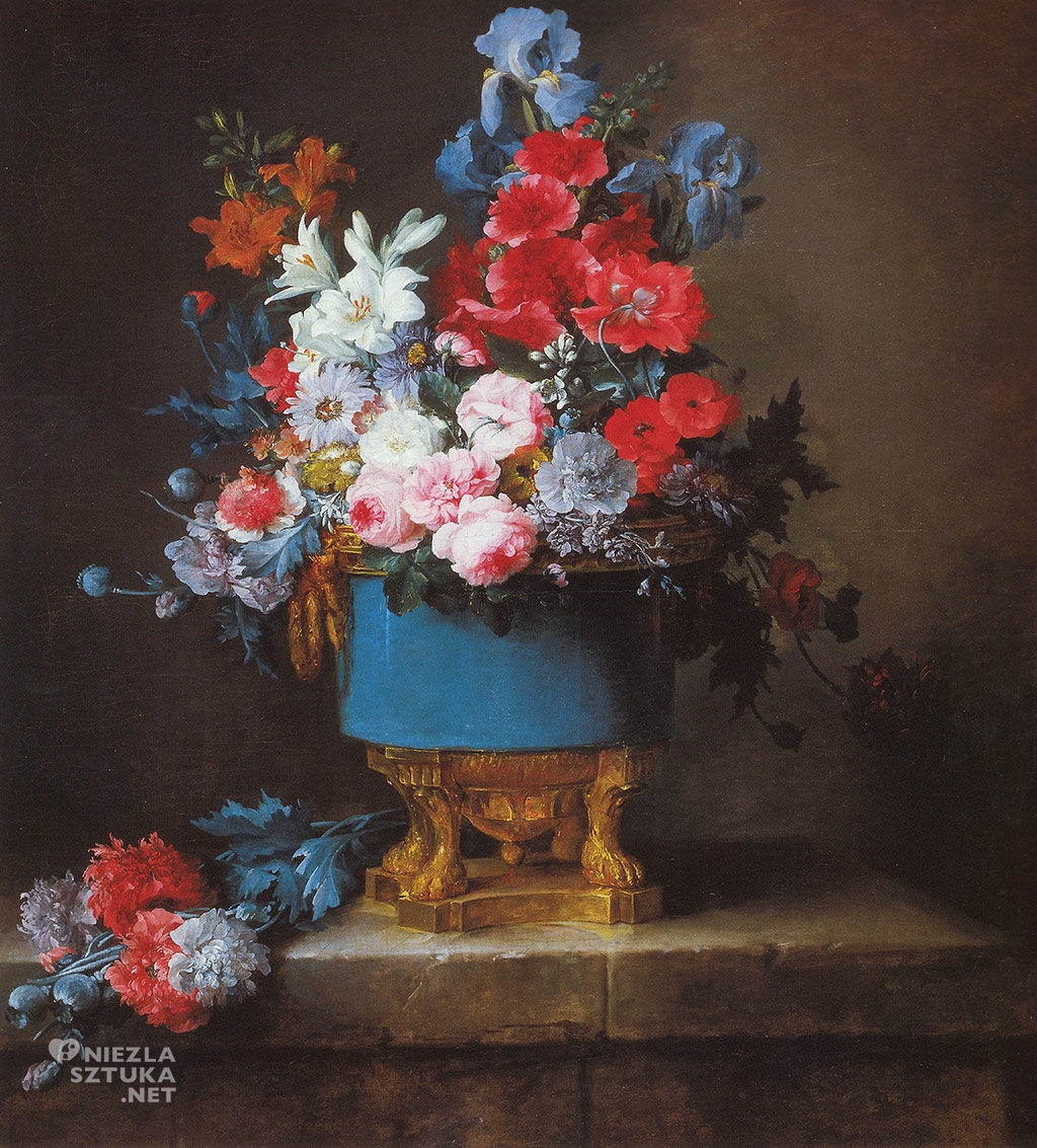 Anne Vallayer-Coster, Bukiet kwiatów w niebieskiej porcelanowej wazie, sztuka francuska, kobiety w sztuce, Niezła Sztuka