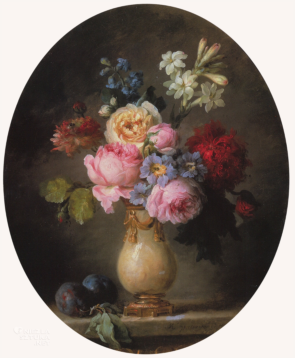Anne Vallayer-Coster, Waza kwiatów i dwie śliwki na marmurowym blacie, sztuka francuska, kobiety w sztuce, Niezła Sztuka
