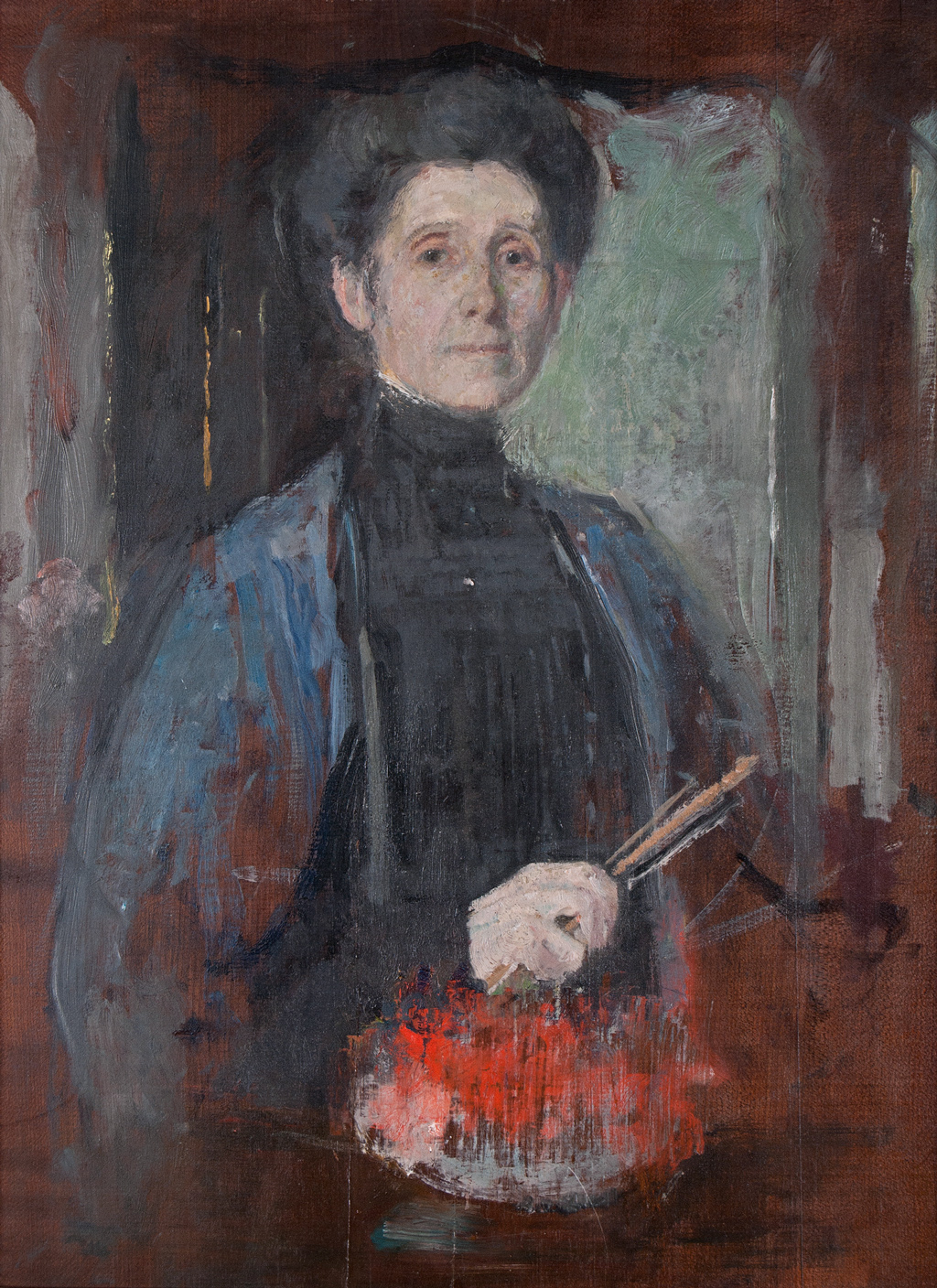 Olga Boznańska, Autoportret z pędzlem i kwiatami, sztuka polska, malarstwo polskie, Niezła sztuka