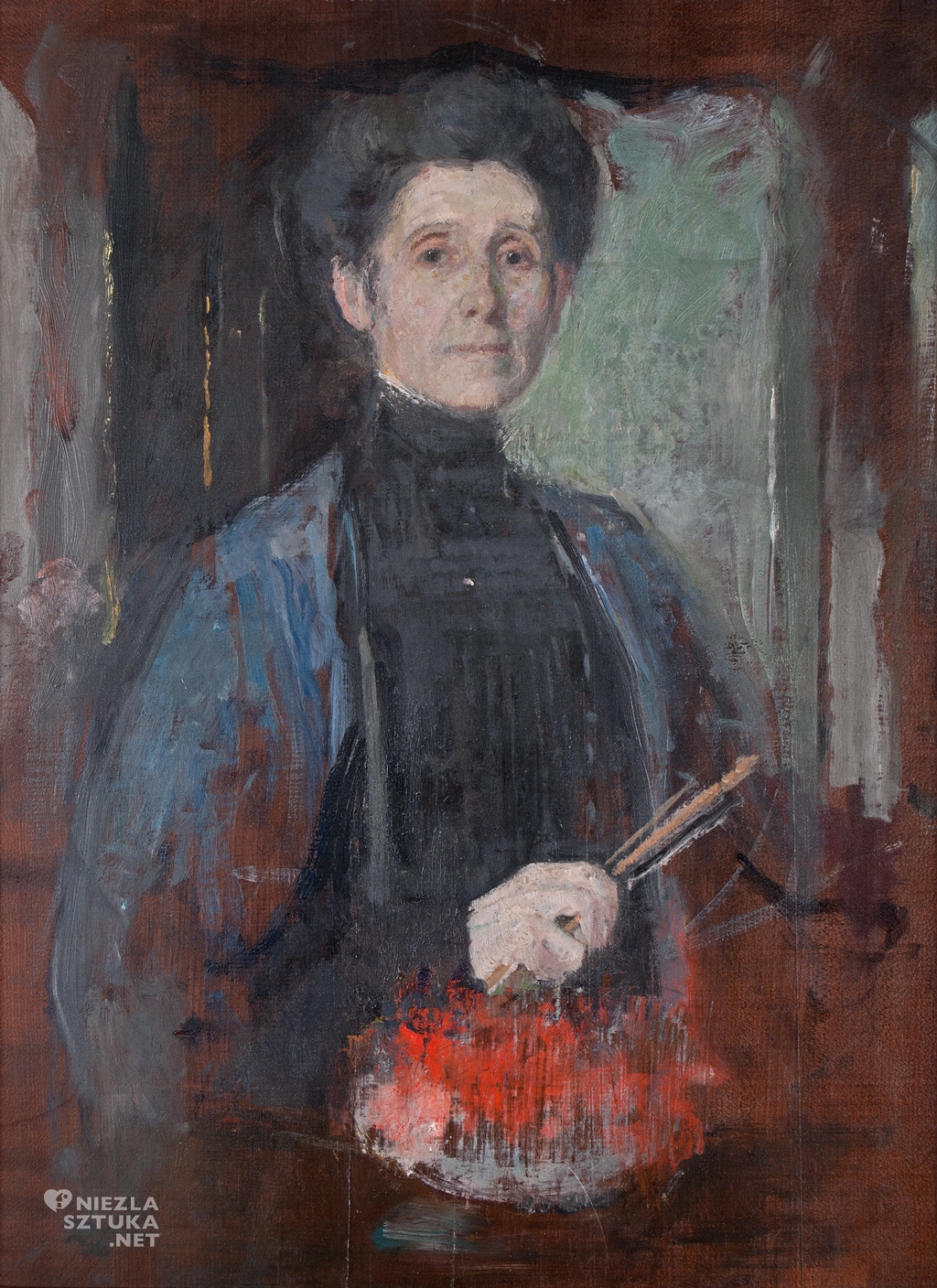 Olga Boznańska, Autoportret z pędzlem i kwiatami, sztuka polska, malarstwo polskie, Niezła sztuka