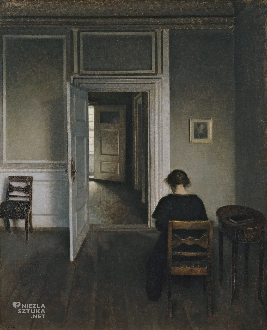Vilhelm Hammershøi, Wnętrze z siedzącą kobietą, 1908