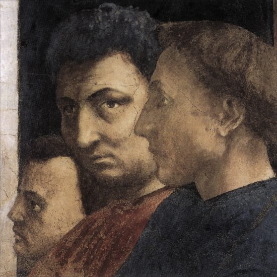 Portret Albertiego (odwrócony profilem, na pierwszym planie) fragment fresku Wskrzeszenie syna Teofila autorstwa Masaccia, Kaplica Brancaccich