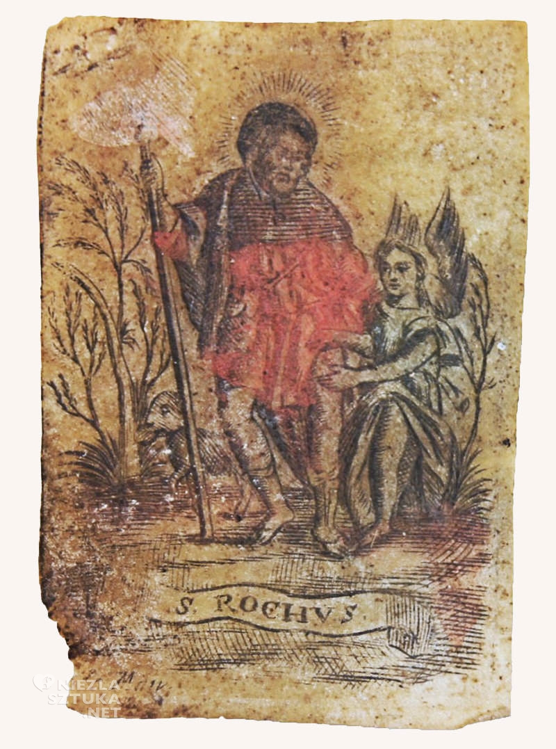 Św. Roch z psem i aniołem obrazek dewocyjny