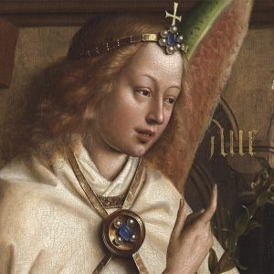 Anioł, Zwiastowanie – Hubert i Jana van Eyck Ołtarz Gandawski (Adoracja Mistycznego Baranka), poliptyk tablicowy, 350 × 500 cm, Katedra Świętego Bawona, Gandawa
