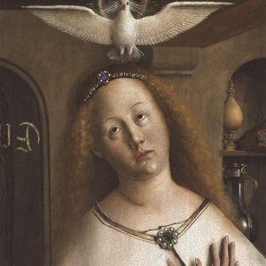 Maria, Zwiastowanie – Hubert i Jana van Eyck Ołtarz Gandawski (Adoracja Mistycznego Baranka), poliptyk tablicowy, 350 × 500 cm, Katedra Świętego Bawona, Gandawa