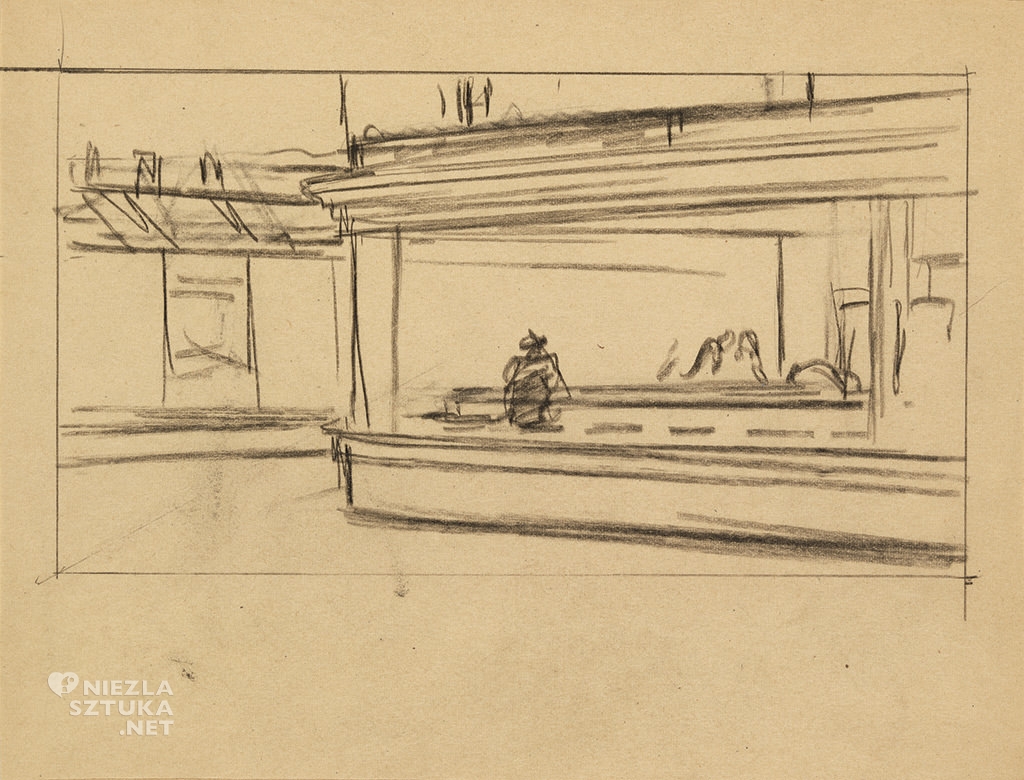 Edward Hopper, nocne marki, Nocne jastrzębie, szkic do obrazu, sztuka amerykańska, Niezła Sztuka