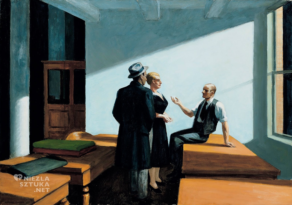 Edward Hopper, Conference at night, sztuka amerykańska, malarstwo, scena rodzajowa, malarstwo amerykańskie, Niezła Sztuka