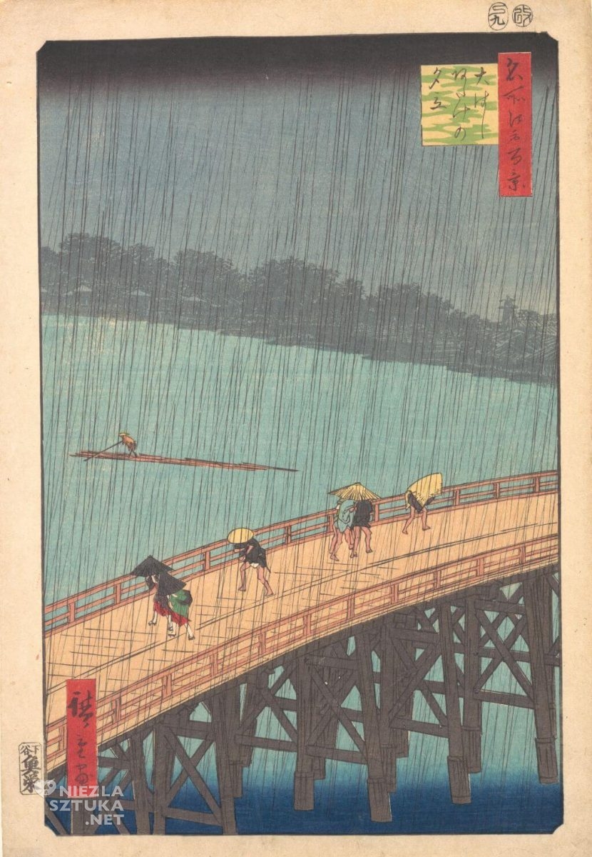 Utagawa Hiroshige, Wieczorna ulewa nad Wielkim Mostem w Adake, drzeworyt japoński, Niezła Sztuka