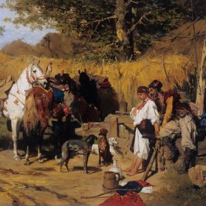 Józef Brandt, Zaloty. Kozak z dziewczyną przy studni, sztuka polska, batalistyka, malarstwo polskie, malarstwo historyczne, Niezła sztuka