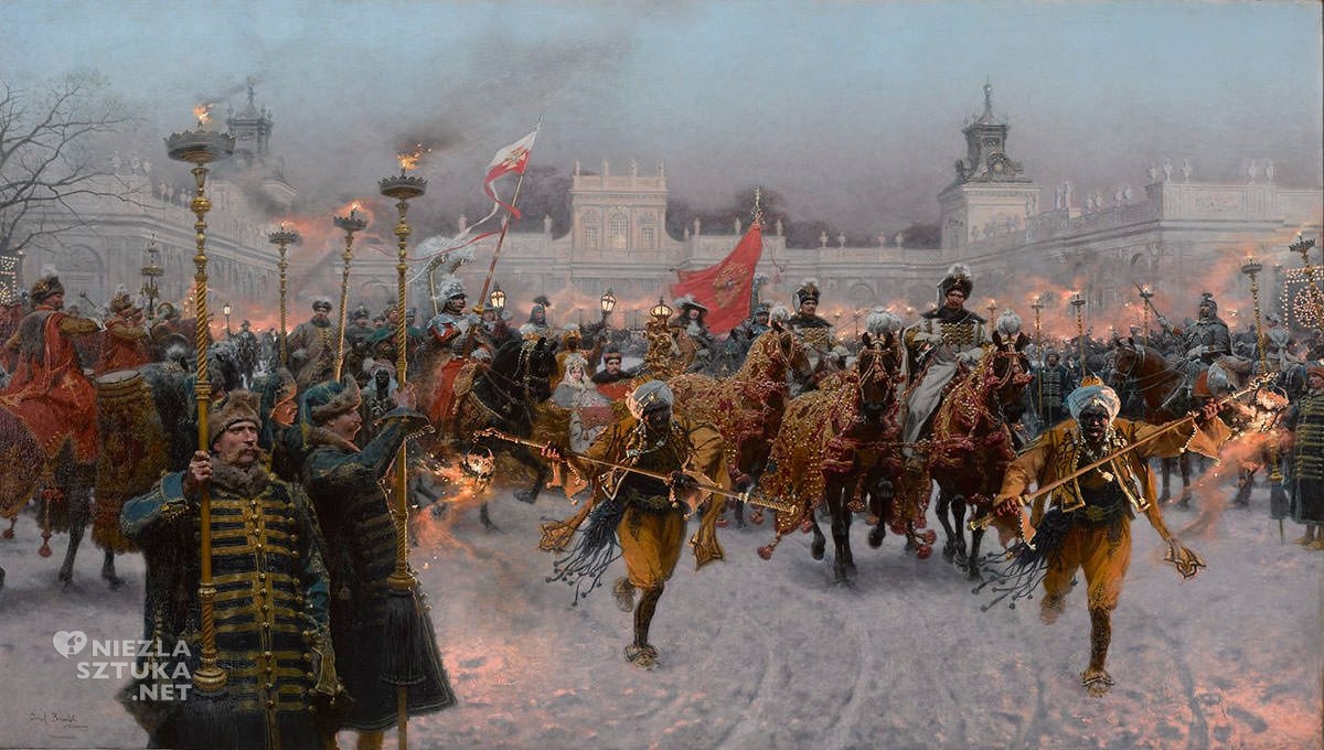 Józef Brandt, Wyjazd Jana III i Marysieńki z Wilanowa, sztuka polska, batalistyka, malarstwo polskie, malarstwo historyczne, Niezła sztuka