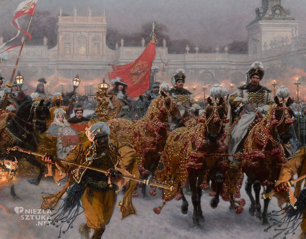 Józef Brandt, Wyjazd Jana III i Marysieńki z Wilanowa, sztuka polska, batalistyka, malarstwo polskie, malarstwo historyczne, Niezła sztuka