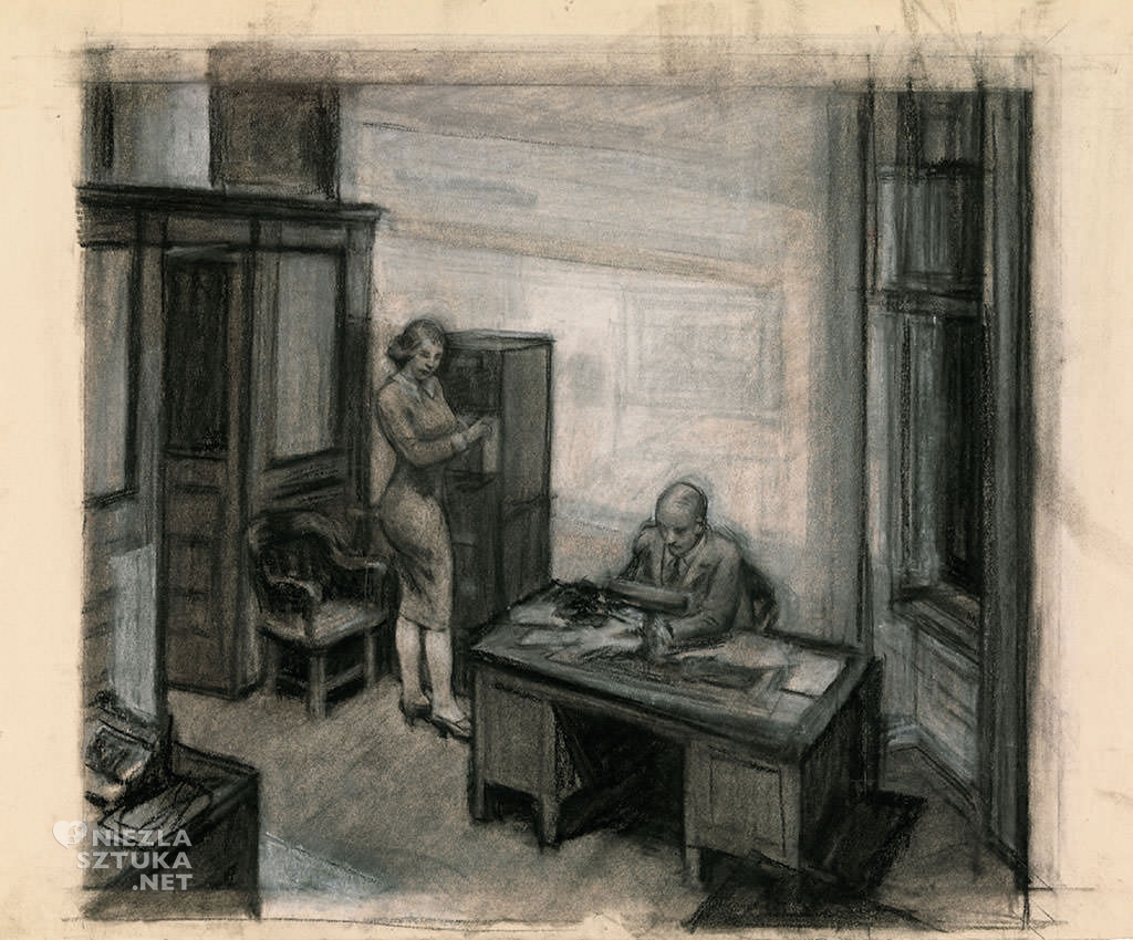 Edward Hopper, Office at night, malarstwo amerykańskie, szkic do obrazu, Niezła Sztuka