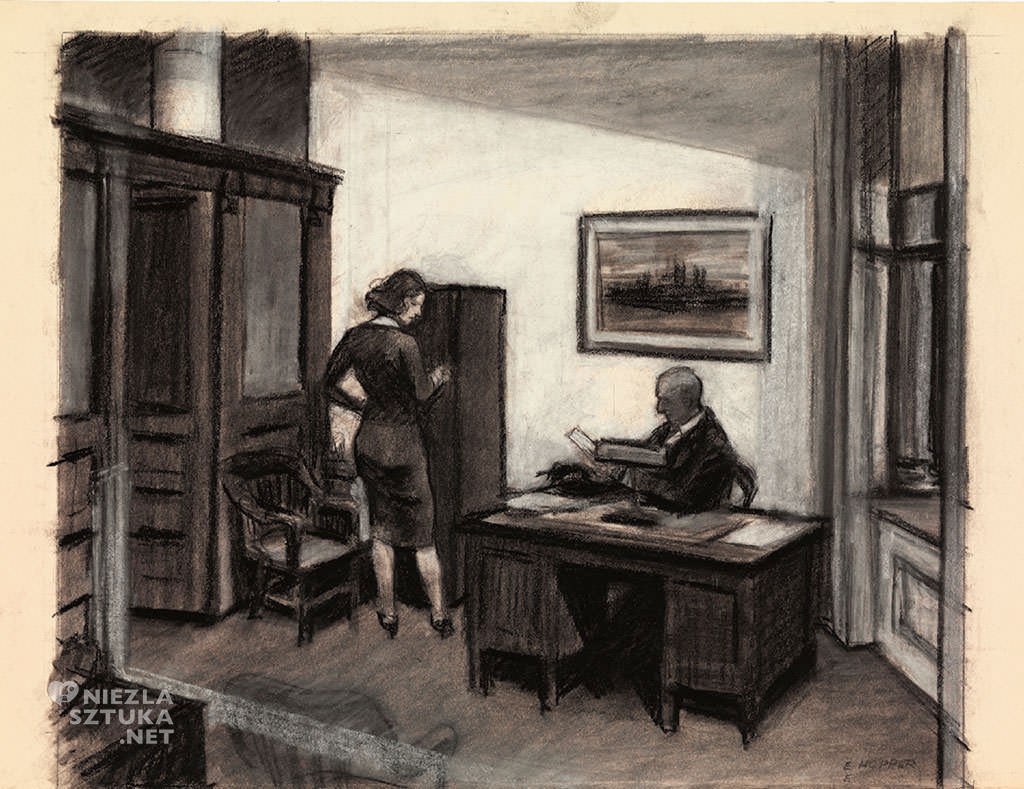 Edward Hopper, Office at night, malarstwo amerykańskie, szkic do obrazu, Niezła Sztuka