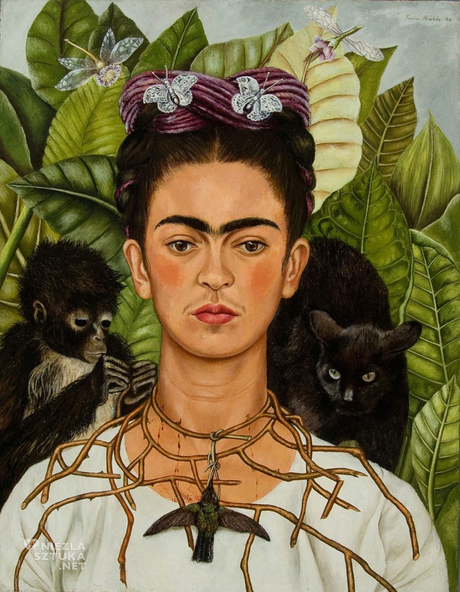 Frida Kahlo, Autoportret z cierniowym naszyjnikiem i kolibrem, autoportret, kobiety w sztuce, sztuka meksykańska, sztuka prymitywna, Niezła Sztuka