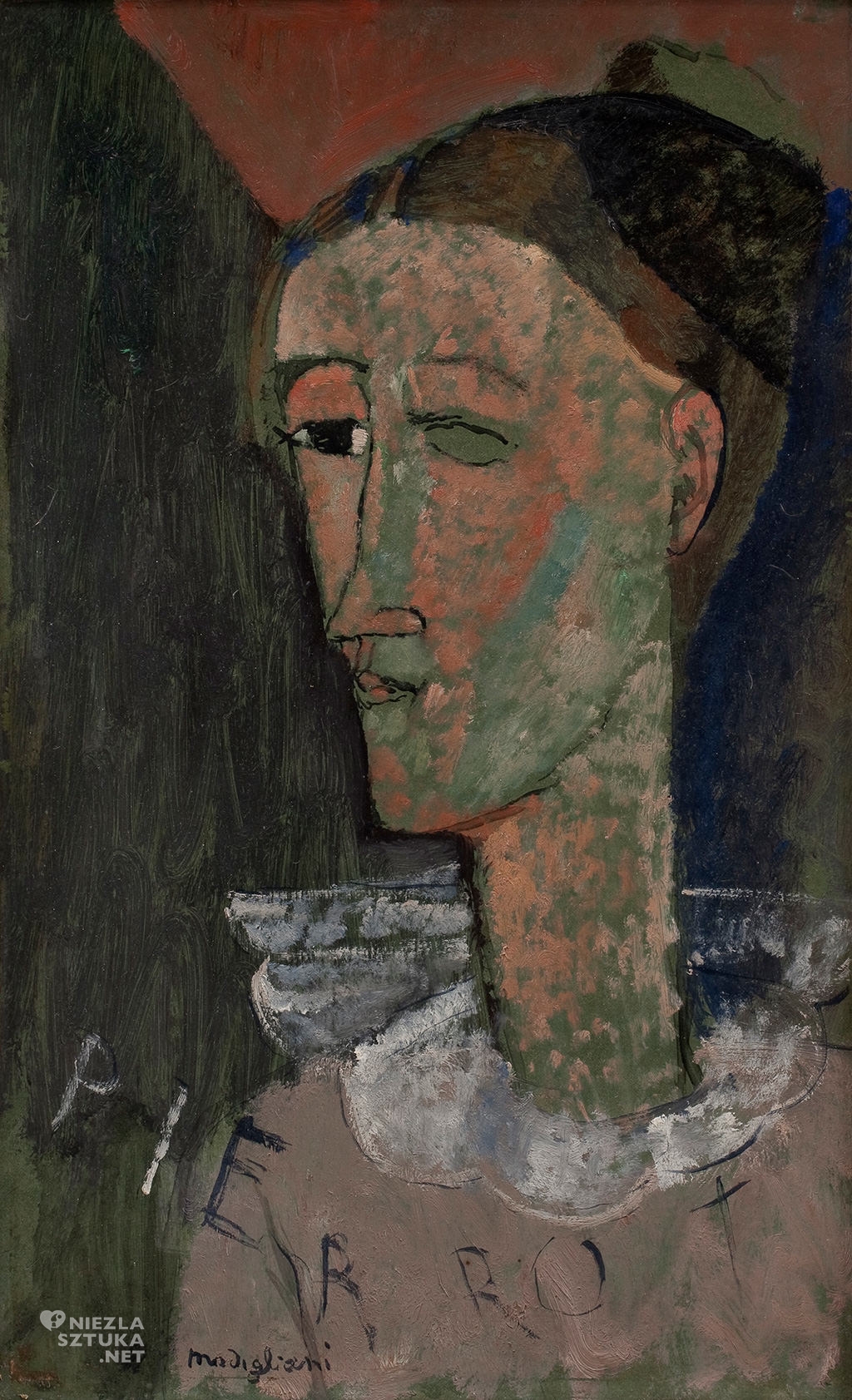 Amedeo Modigliani, Autoportret jako Pierrot, malarstwo olejne, autoportret, sztuka włoska, sztuka nowoczesna, Ecole de Paris, Niezła Sztuka
