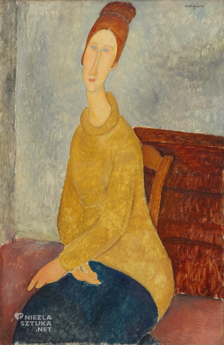 Amedeo Modigliani, Jeanne Hebuterne w żółtym swetrze, sztuka włoska, malarstwo olejne, portret, ekspresjonizm, sztuka nowoczesna, Ecole de Paris, Niezła Sztuka