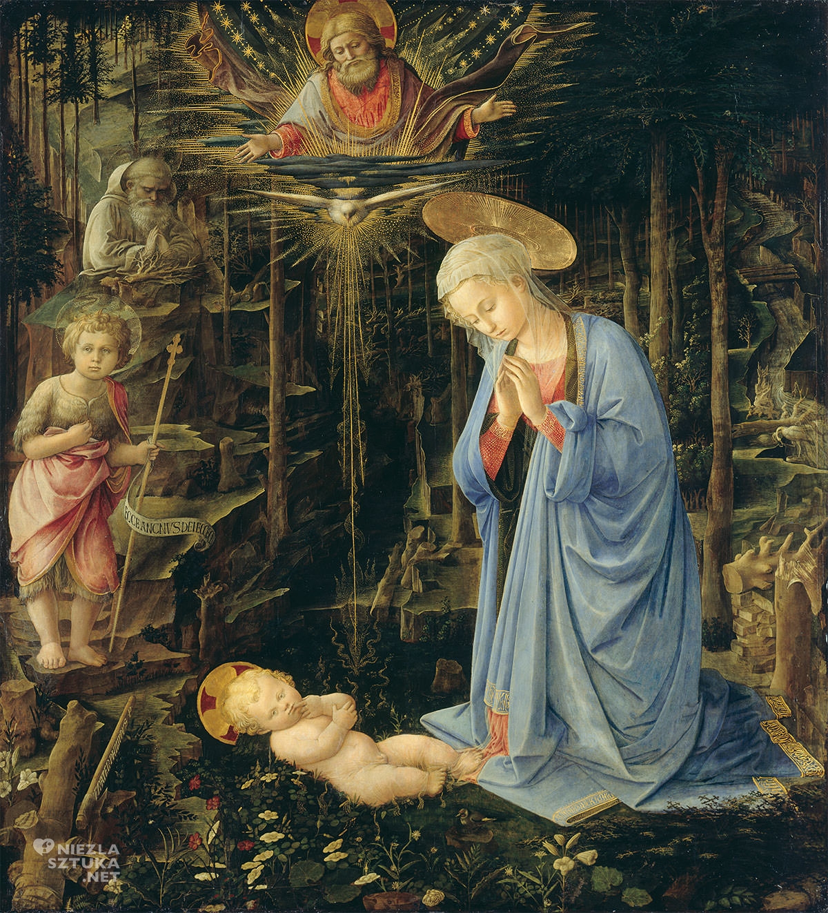 Fra Filippo Lippi, Adoracja ze św. Janem i św. Bernardem, Adoracja, Maria z dzieciątkiem, Gemaldegalerie, Berlin, Niezła sztuka