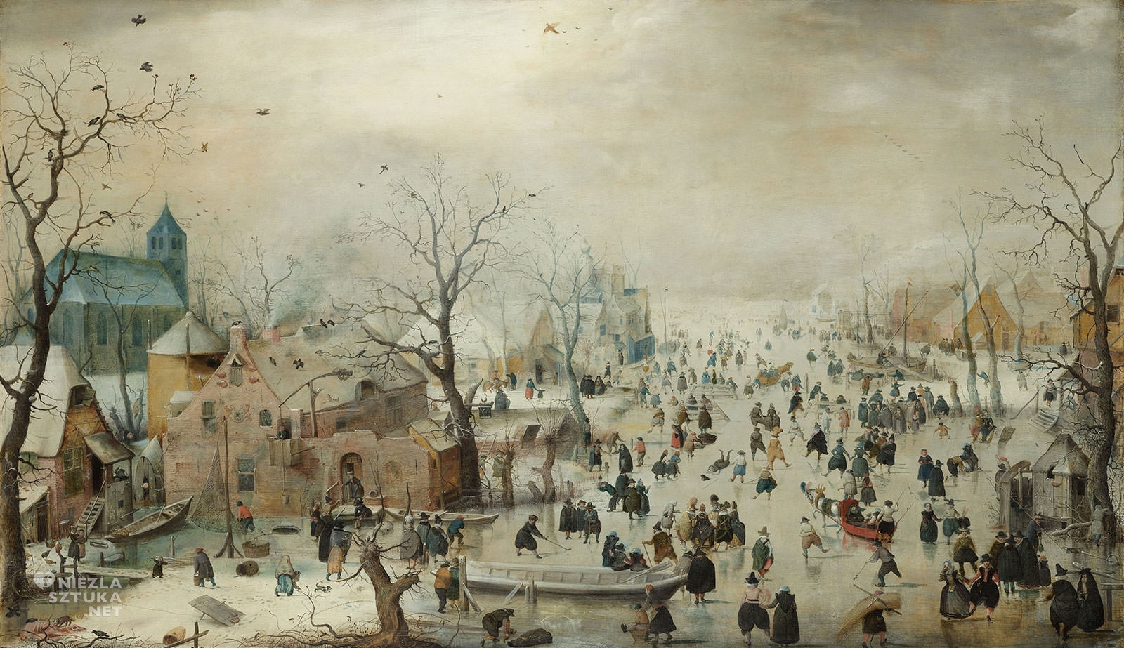Hendrick Avercamp, Pejzaż zimowy z łyżwiarzami, zima w sztuce, malarstwo niderlandzkie, Niezła Sztuka