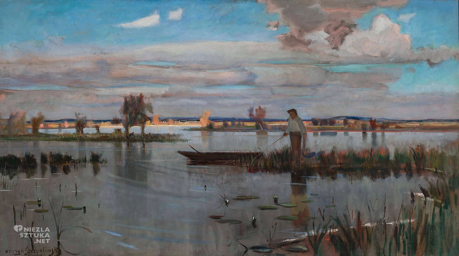 Henryk Szczygliński, Rybak na jeziorze, sztuka polska, malarstwo polskie, Niezła Sztuka