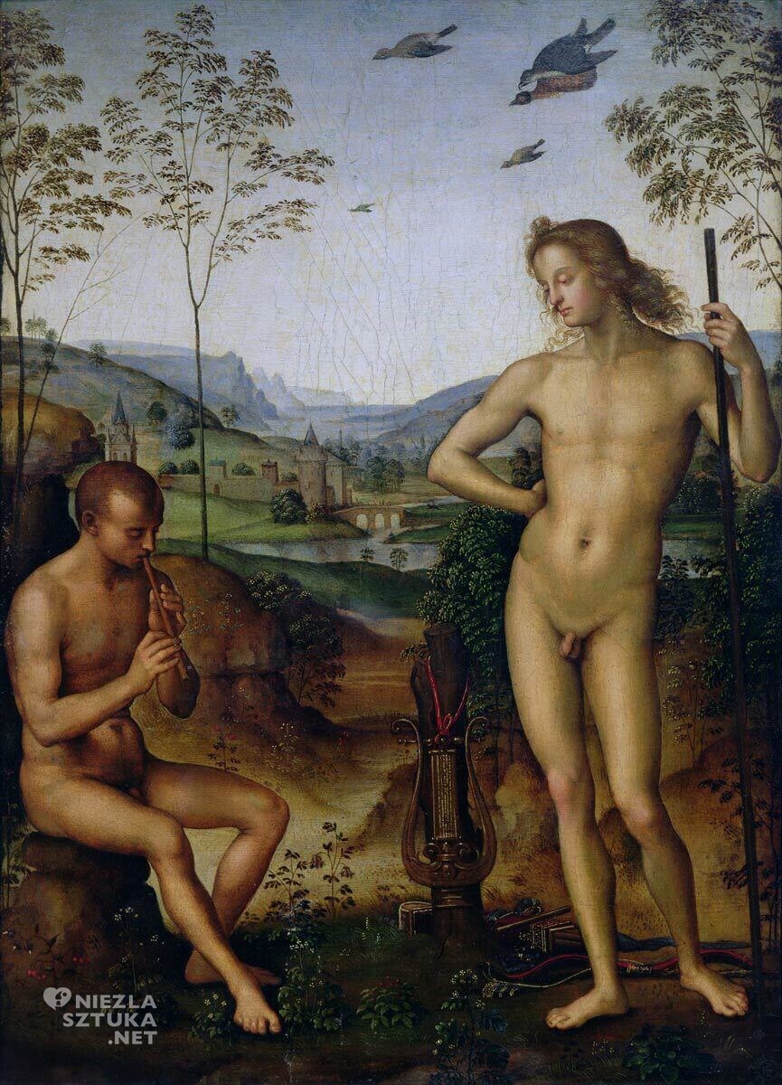 Perugino, Apollo i Marsjasz, Apollo i Dafnis, malarstwo włoskie, sztuka włoska, renesans, mitologia, Niezła sztuka