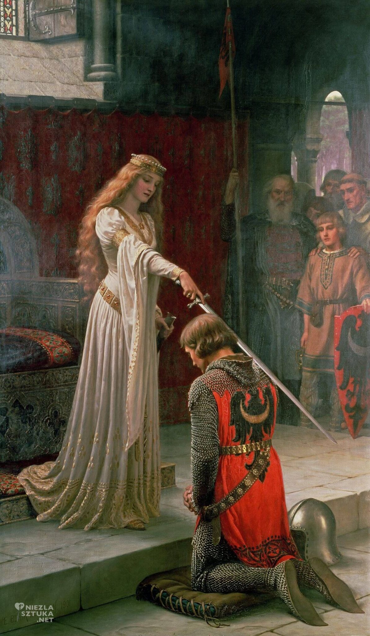 Edmund Leighton, Pasowanie na rycerza, prerafaelici, legenda króla Artura, legendy arturiańskie, Niezła sztuka