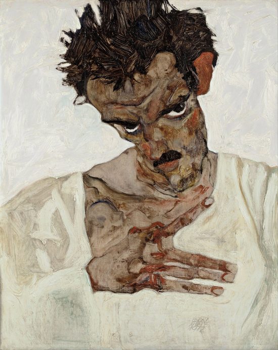 Egon Schiele, Autoportret z opuszczoną głową, autoportret artysty, sztuka austriacka, Niezła Sztuka