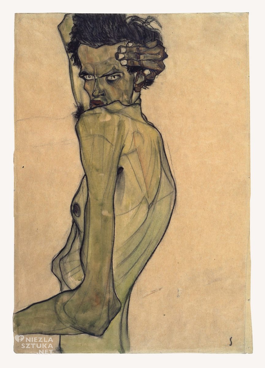 Egon Schiele, Autoportret z ramionami nad głową, autoportret artysty, sztuka austriacka, Niezła Sztuka