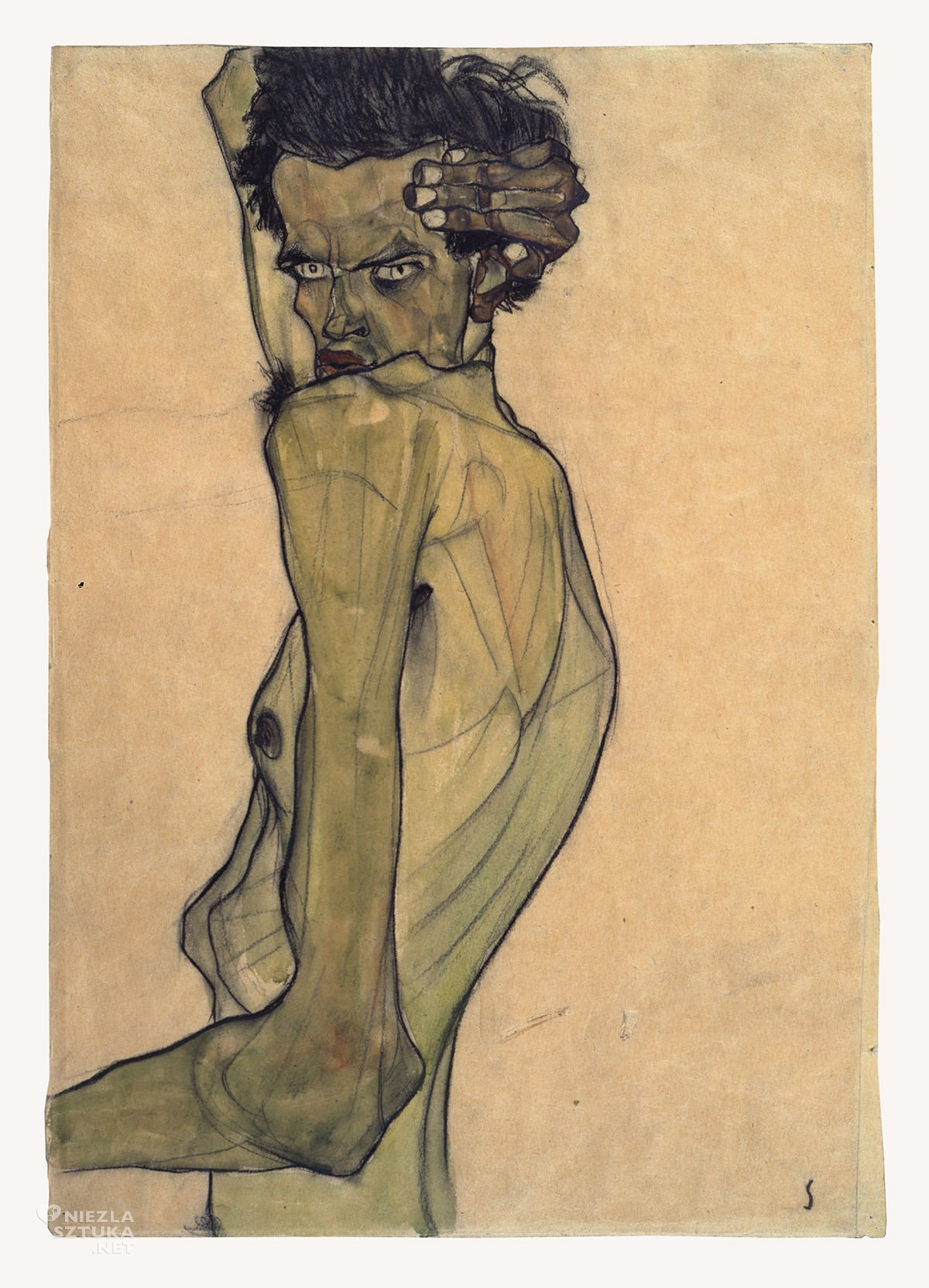 Egon Schiele, Autoportret z ramionami nad głową, autoportret artysty, sztuka austriacka, Niezła Sztuka