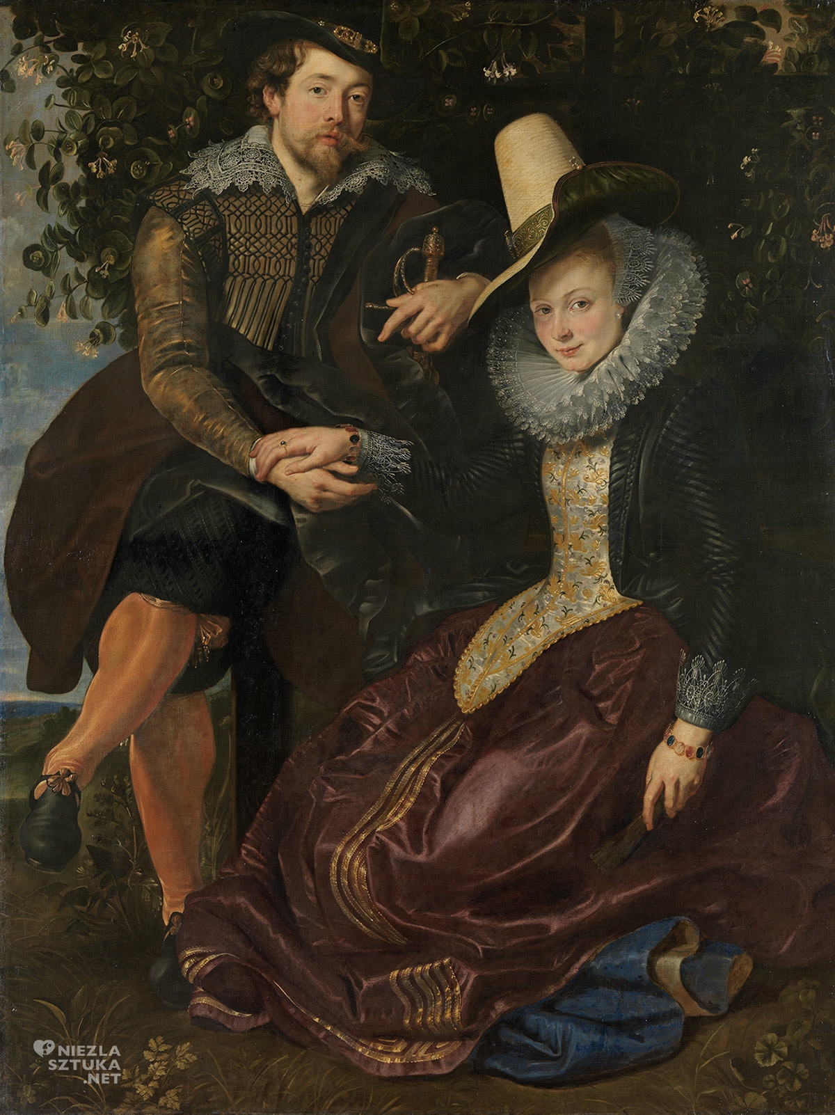 Peter Paul Rubens, Autoportret z żoną Isabellą Brant, Isabella Brant, Isabella Brandt, sztuka flamandzka, malarstwo europejskie, Niezła Sztuka