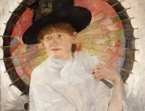 Olga Boznańska, Portret młodej kobiety z czerwoną parasolką, sztuka polska, malarstwo polskie, Niezła sztuka