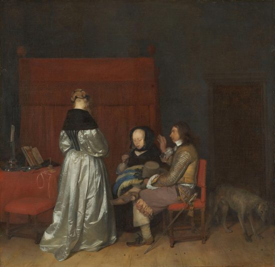 Gerard ter Borch, Towarzystwo we wnętrzu, napomnienie ojcowskie, malarstwo holenderskie, Niderlandy, Niezła sztuka