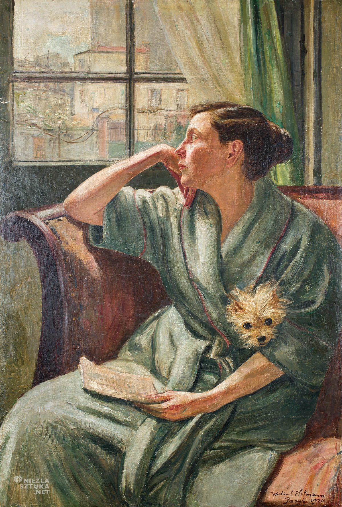 Wlastimil Hofman, Portret żony z pieskiem, sztuka polska, malarstwo polskie, pieski w sztuce, Wlastimilówka, Niezła Sztuka