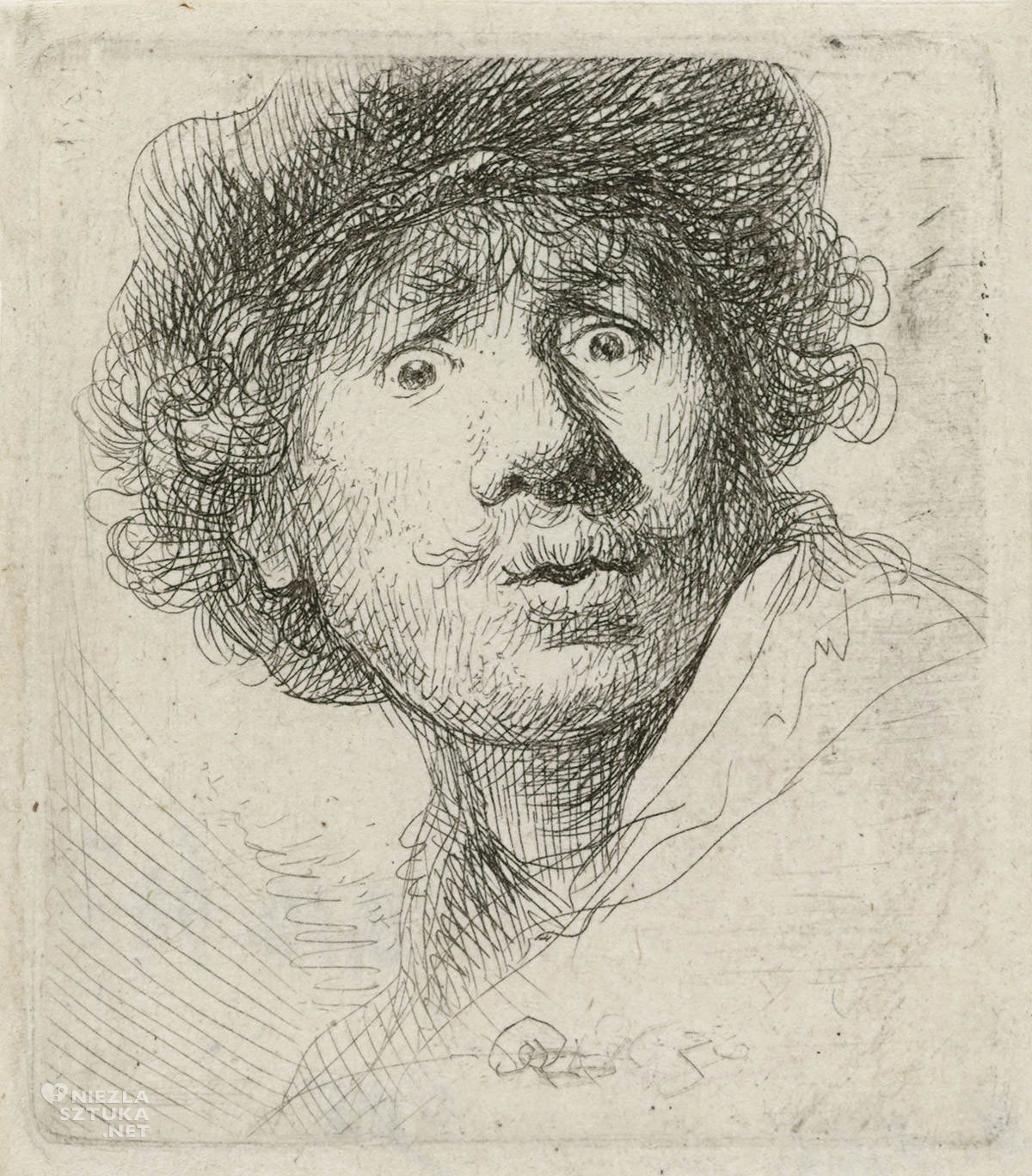 Rembrandt, Autoportret z czapce, z szeroko otwartymi oczyma i ustami, rysunek, szkic, Niezła Sztuka
