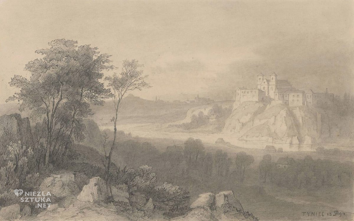 Alfred Schouppé, Widok klasztoru w Tyńcu nad Wisłą, rysunek, pejzaż, Niezła Sztuka