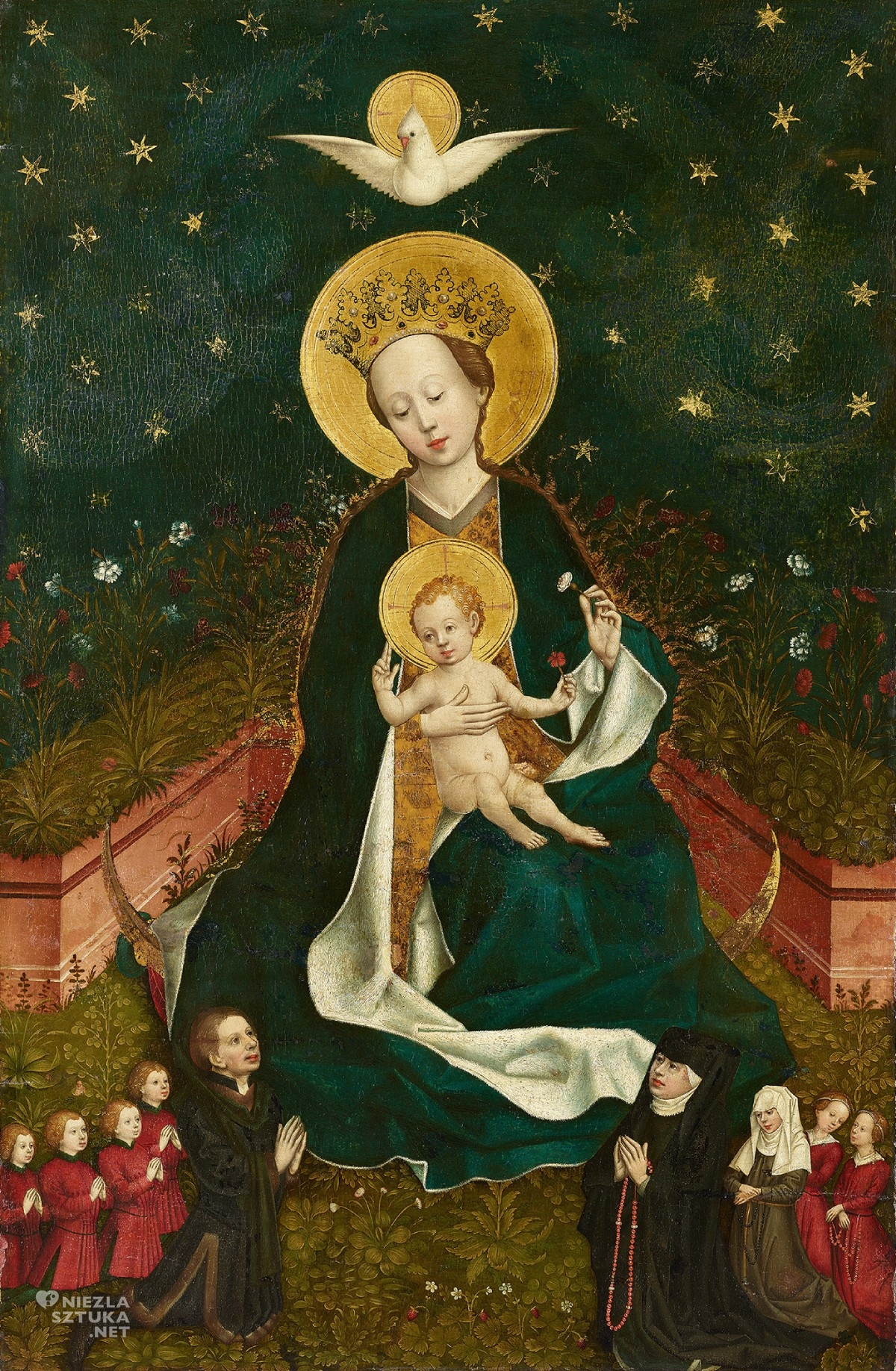 Mistrz Koloński, Madonna na półksiężycu w altanie różanej z rodziną fundatora, hortus conclusus, niezła sztuka