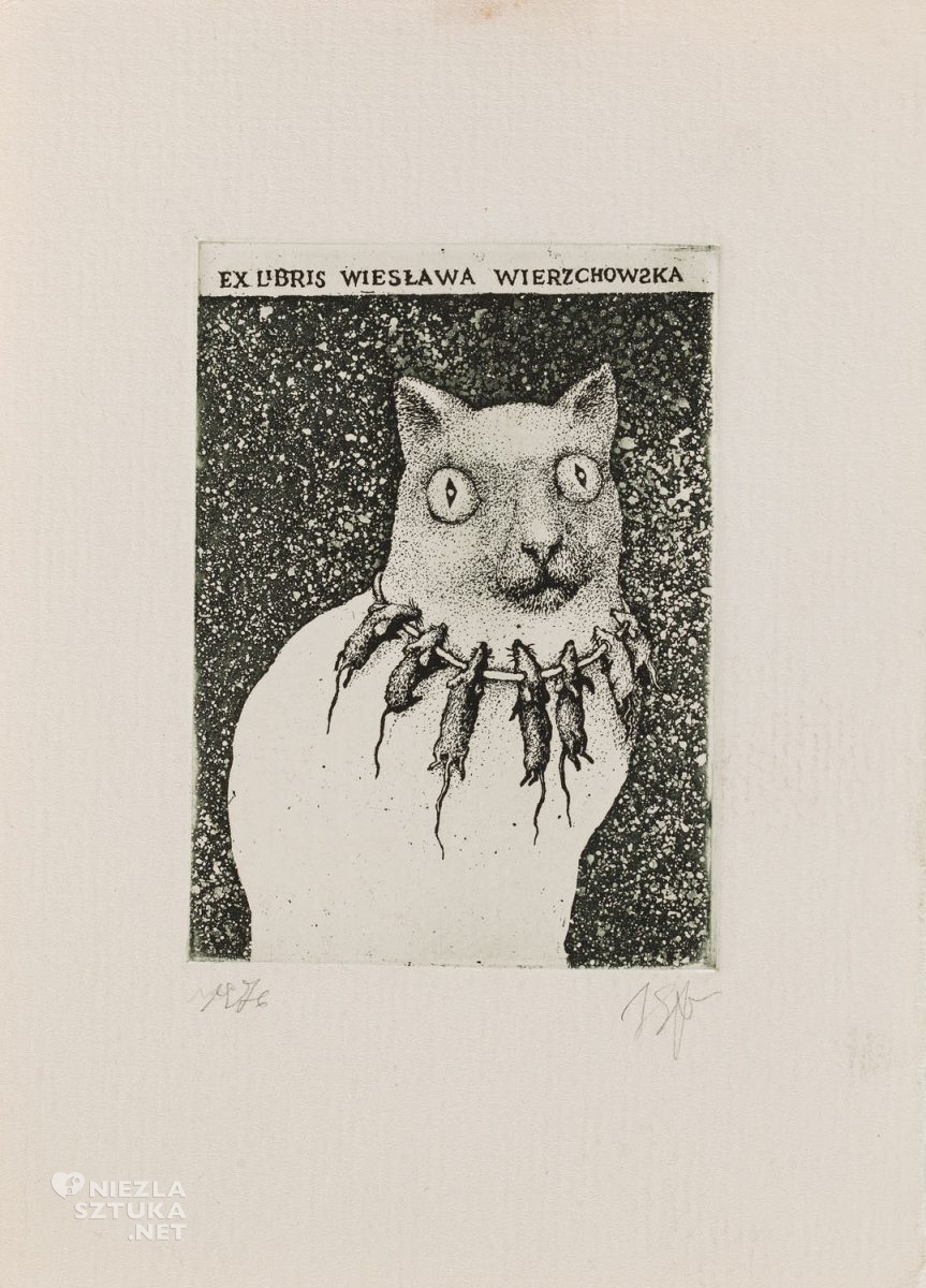 Stasys Eidrigevičius, Exlibris, Wiesława Wierzchowska, kot, grafika, sztuka współczesna, Niezła Sztuka