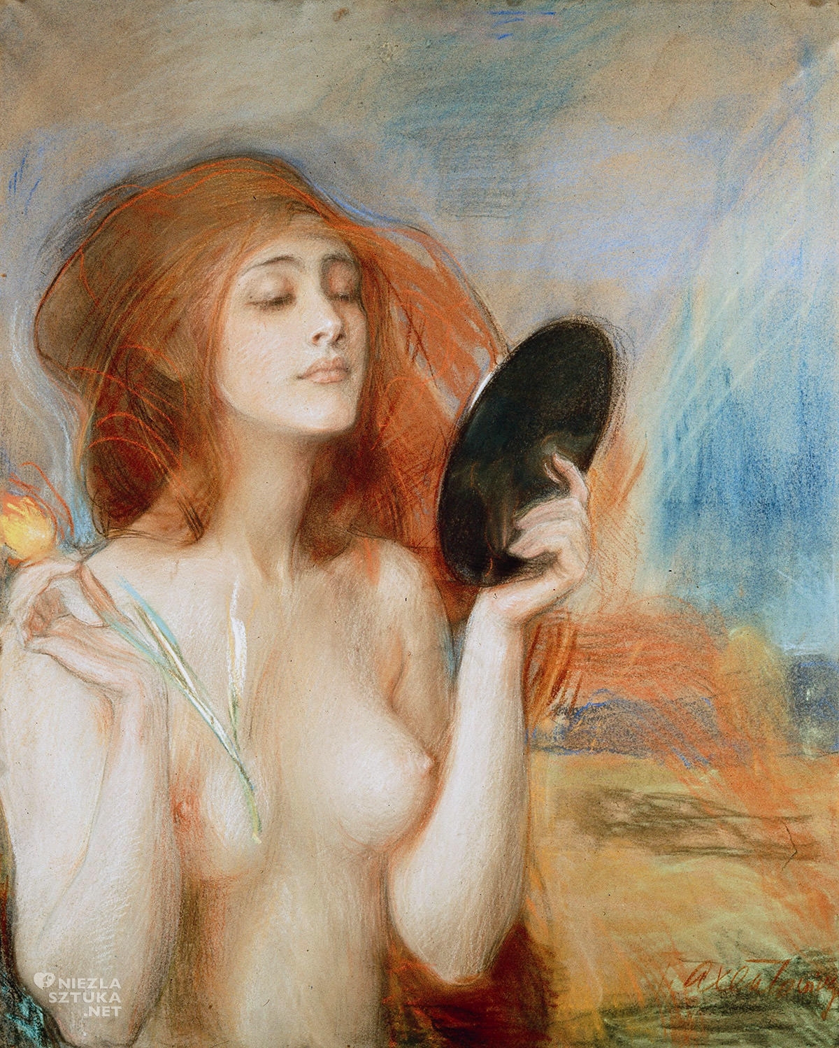 Teodor Axentowicz, Wiosna, kobieta, Muzeum Mazowieckie w Płocku, malarstwo, sztuka polska, pastel, portret, niezła sztuka