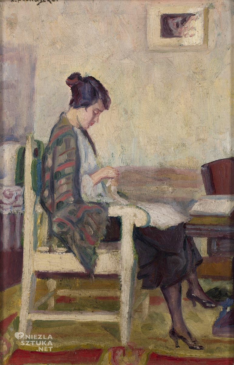Zbigniew Pronaszko, Żona artysty przy szyciu, malarstwo polskie, malarstwo XX w., Niezła Sztuka