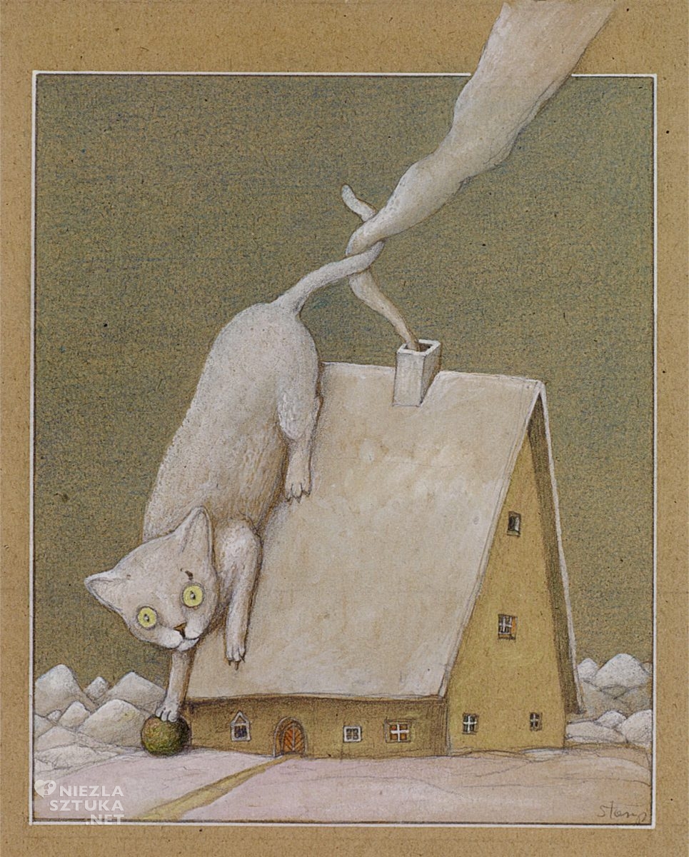 Stasys Eidrigevičius, ilustracja do ksiażki, Le chat Muche, Yves Velan, Niezła Sztuka