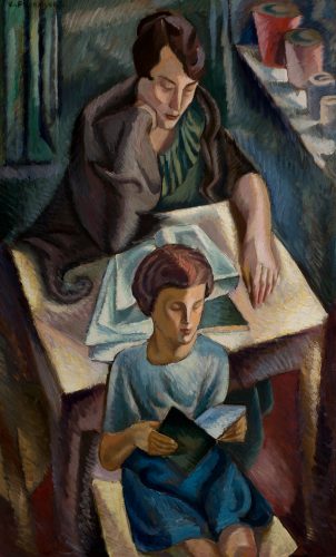 Zbigniew Pronaszko, Żona artysty z chłopcem przy stole, malarstwo polskie, malarstwo XX w., portret, awangarda, Niezła Sztuka